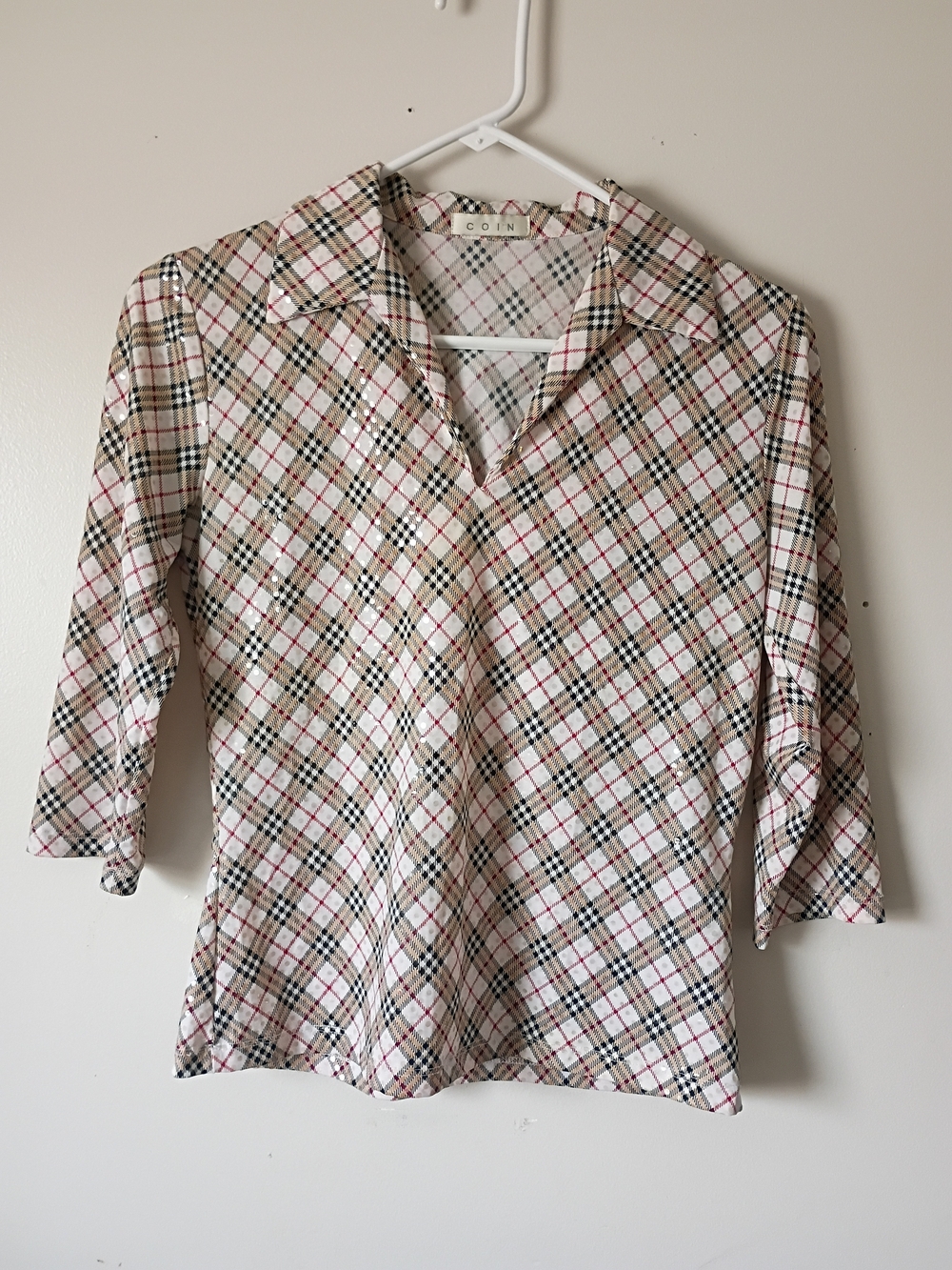 Vintage Y2K COIN Plaid Sequin Top Small Made USA Stretch 3/4 Sleeve Collared